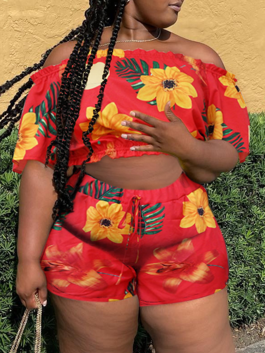 LW Plus Size Crop Top Sunflower Print Ruffle Trim Shorts Set