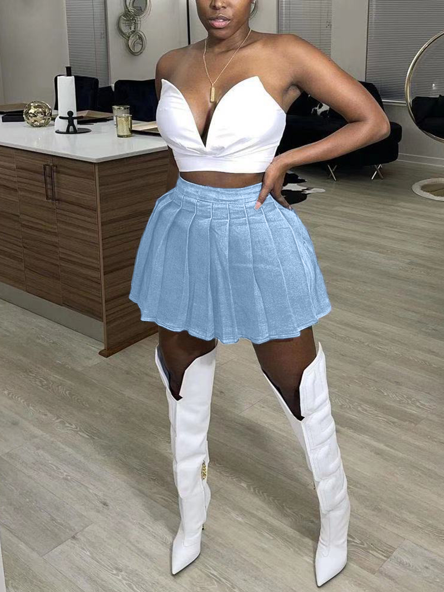 LW Plus Size Pleated Plain A Line Denim Skirt