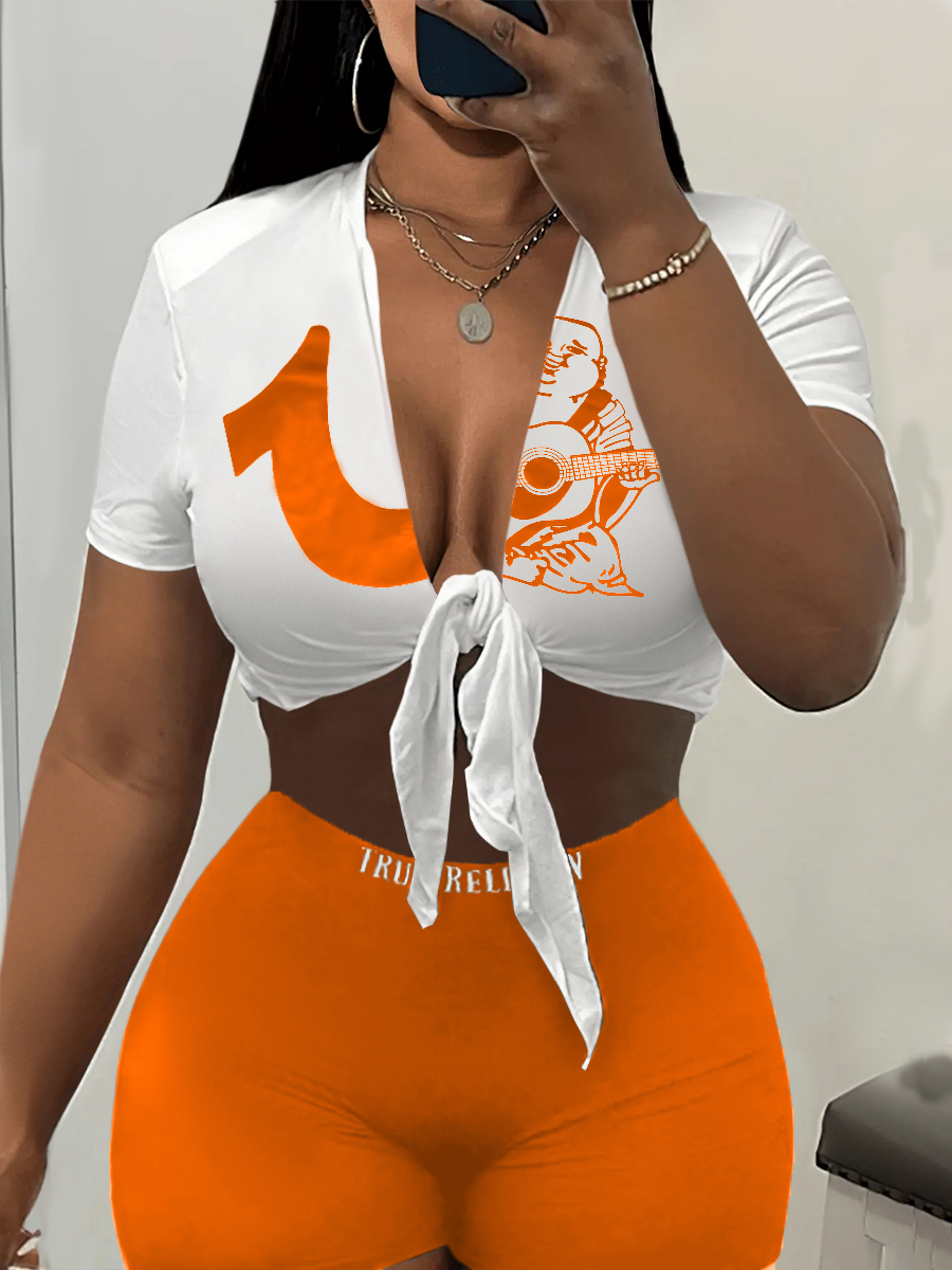 LW Cartoon Letter Print Bandage Design Shorts Set