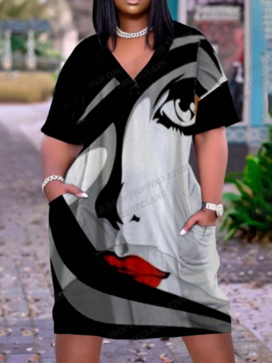 LW Plus Size V Neck Figure Print Pocket Design Dress