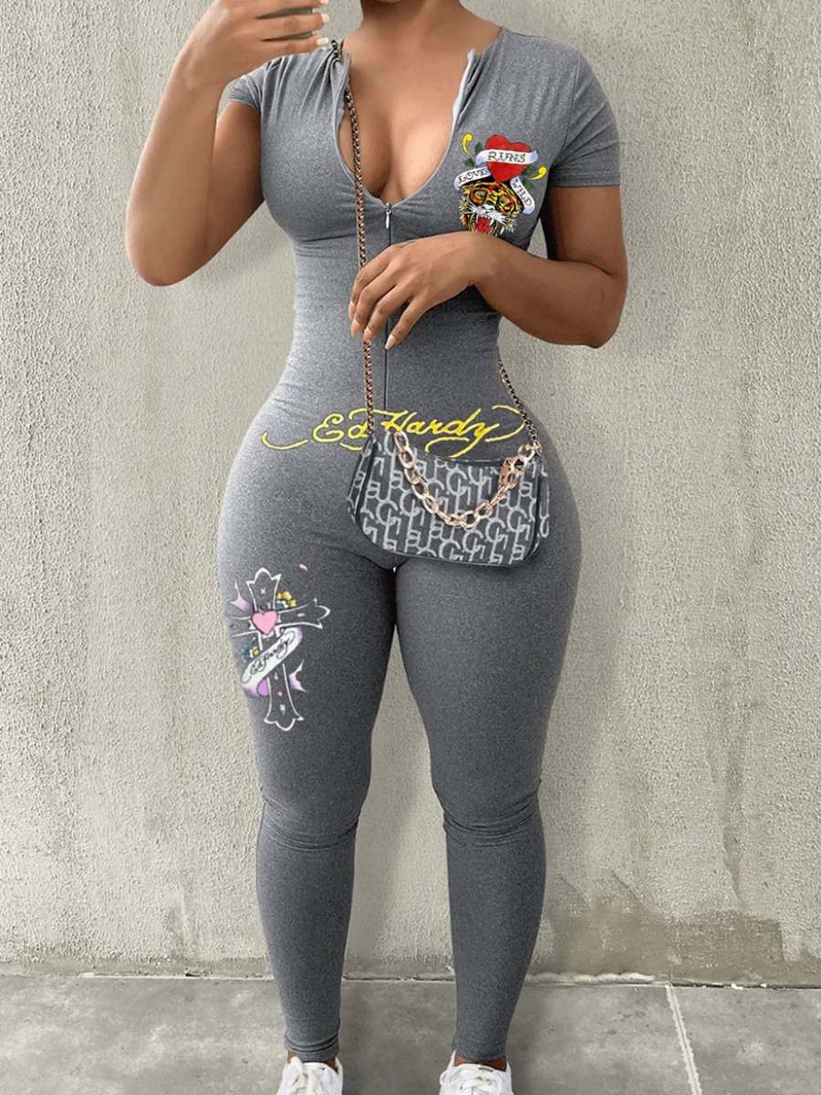 LW Plus Size Heart Letter Print Skinny Jumpsuit