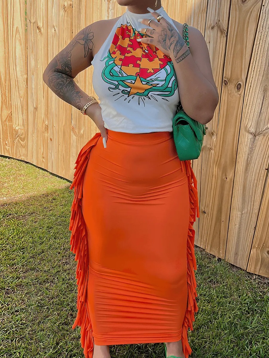 LW Halter Neck Star Print Tassel Design Skirt Set