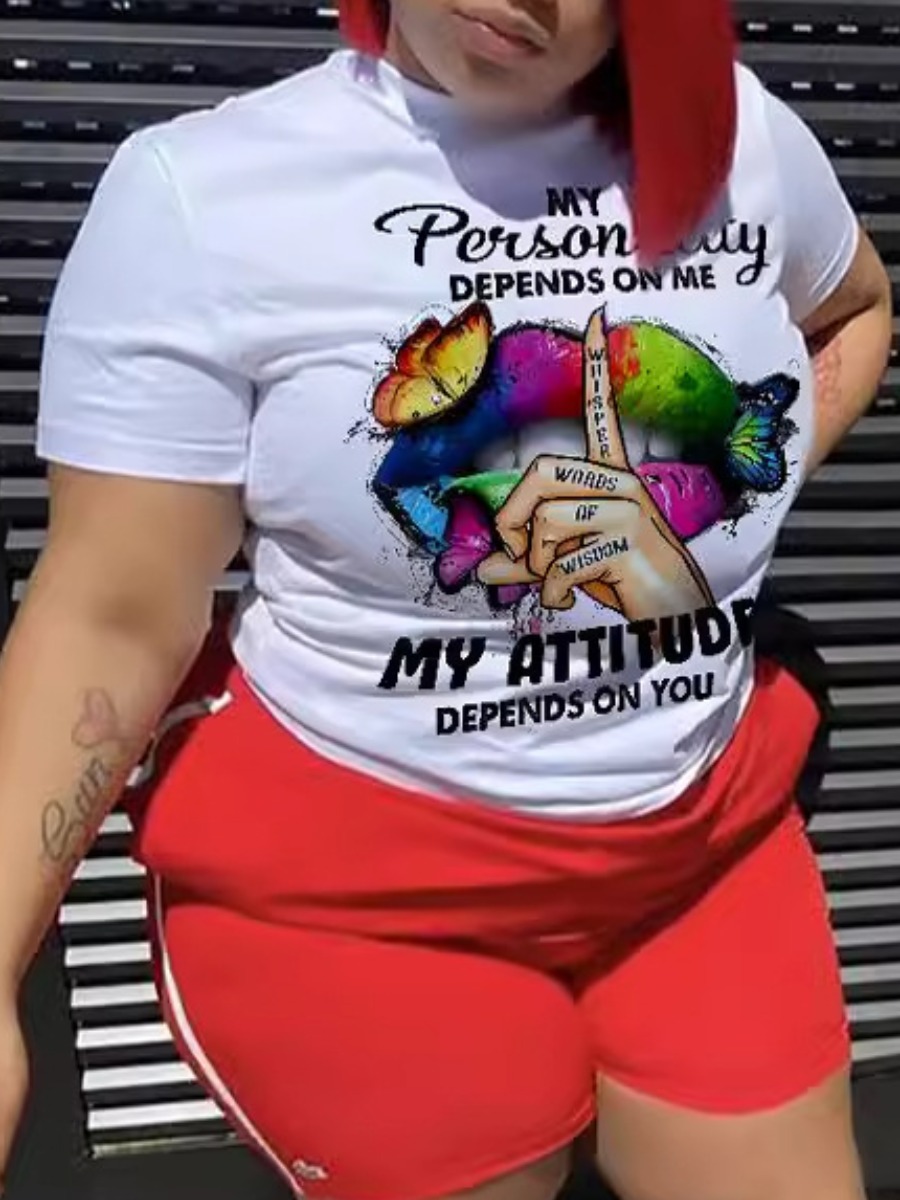 LW Plus Size Lip Letter Butterfly Print T-shirt
