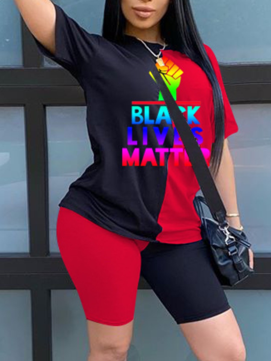LW Plus Size Color Block letter Print Shorts Set