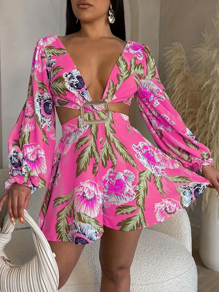 LW Floral Print Metal Ring Decor Cut Out Romper
