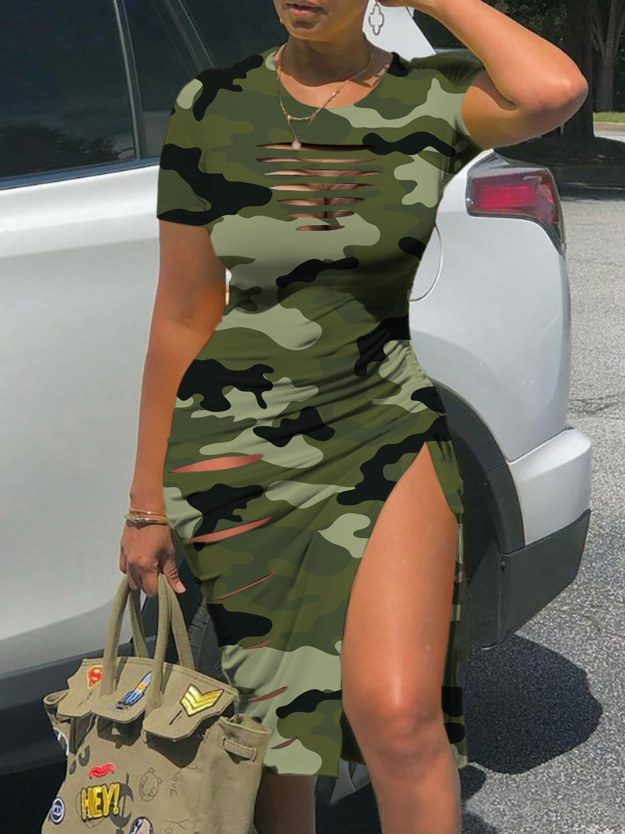 LW Camo Print Ripped Ruched Drawstring Bodycon Dress