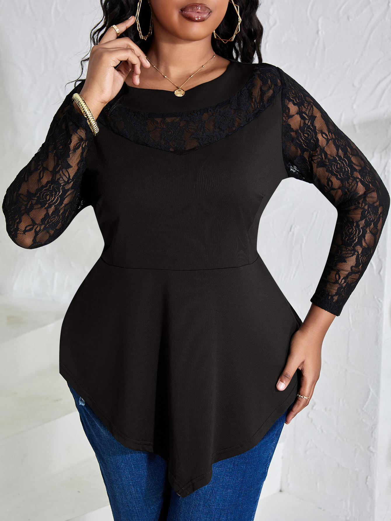 LW Plus Size Lace Patchwork Solid Color T-shirt