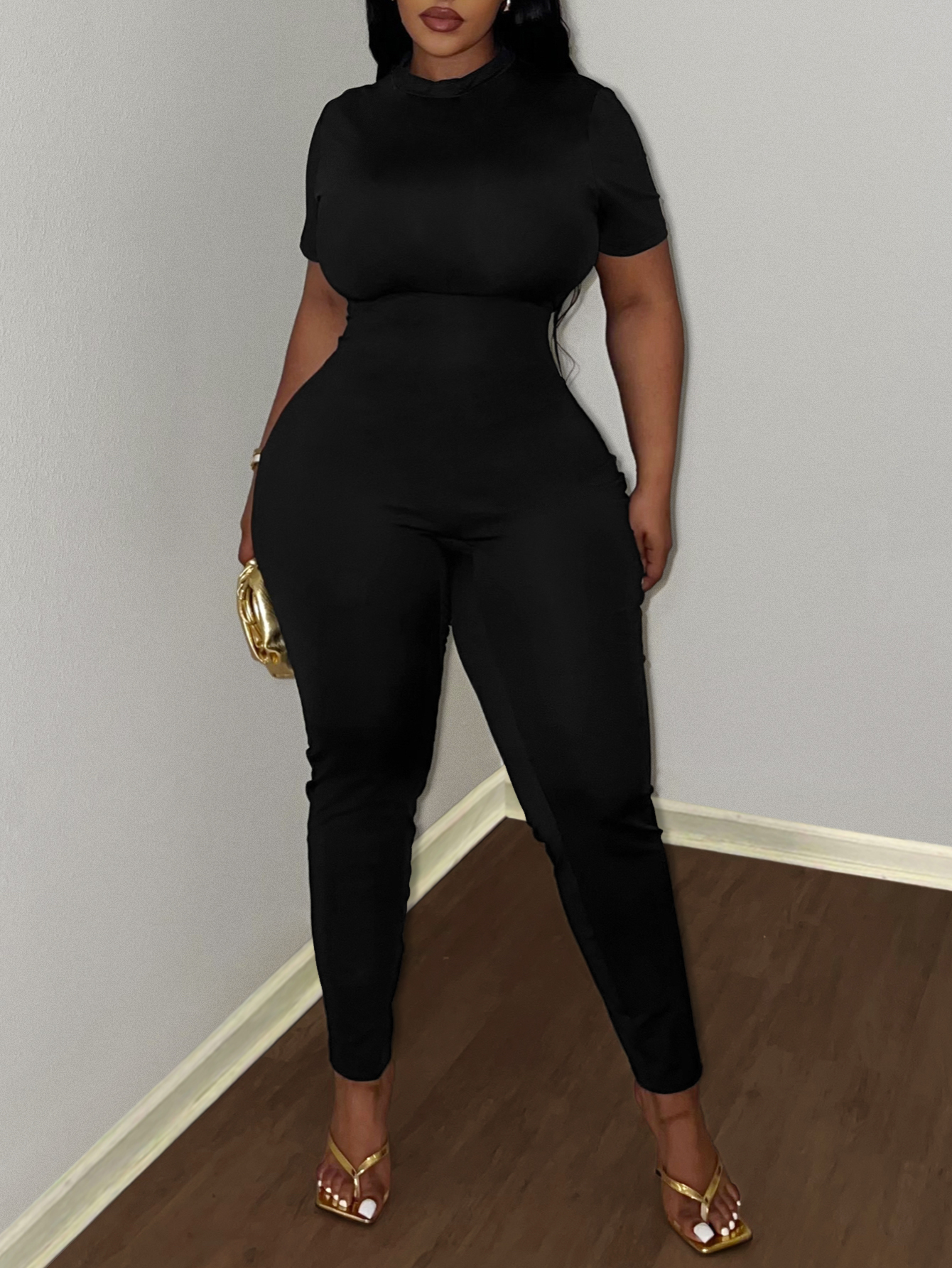 LW BASICS Plus Size Round Neck Plain Skinny Jumpsuit