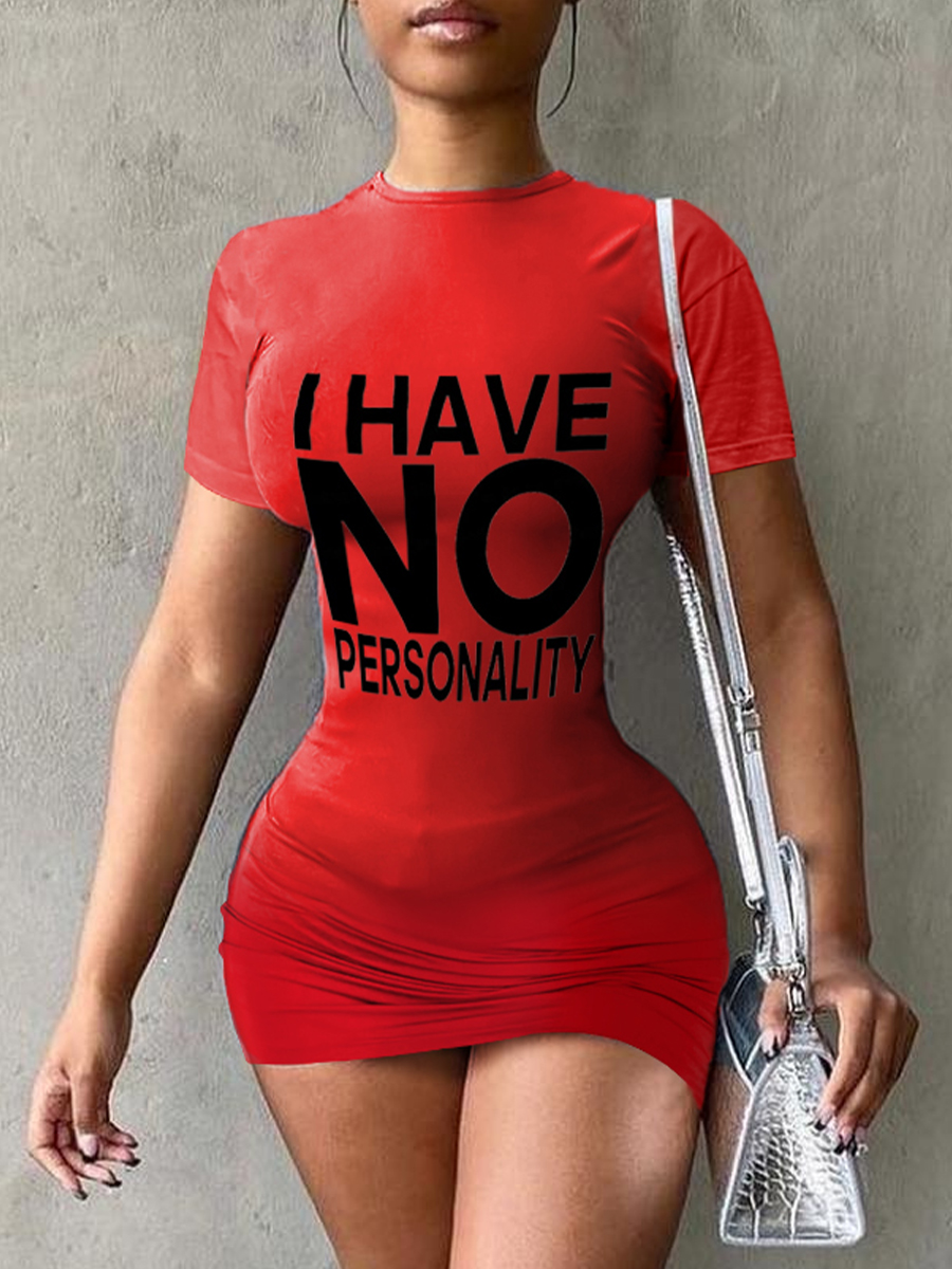 LW Round Neck Letter Print Bodycon Dress