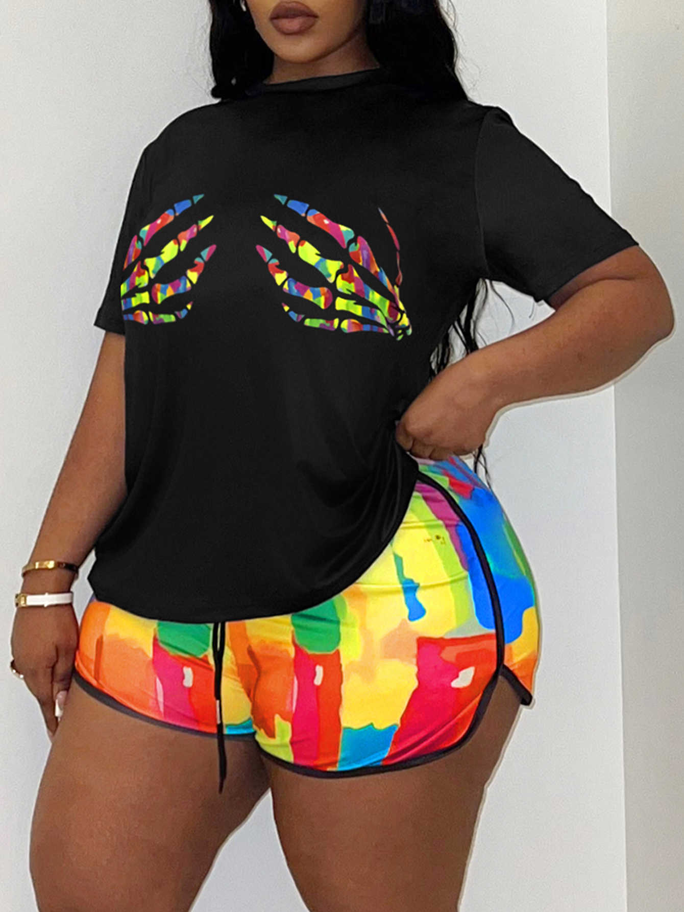 LW BASICS Plus Size Tie Dye Skeleton Print Shorts Set