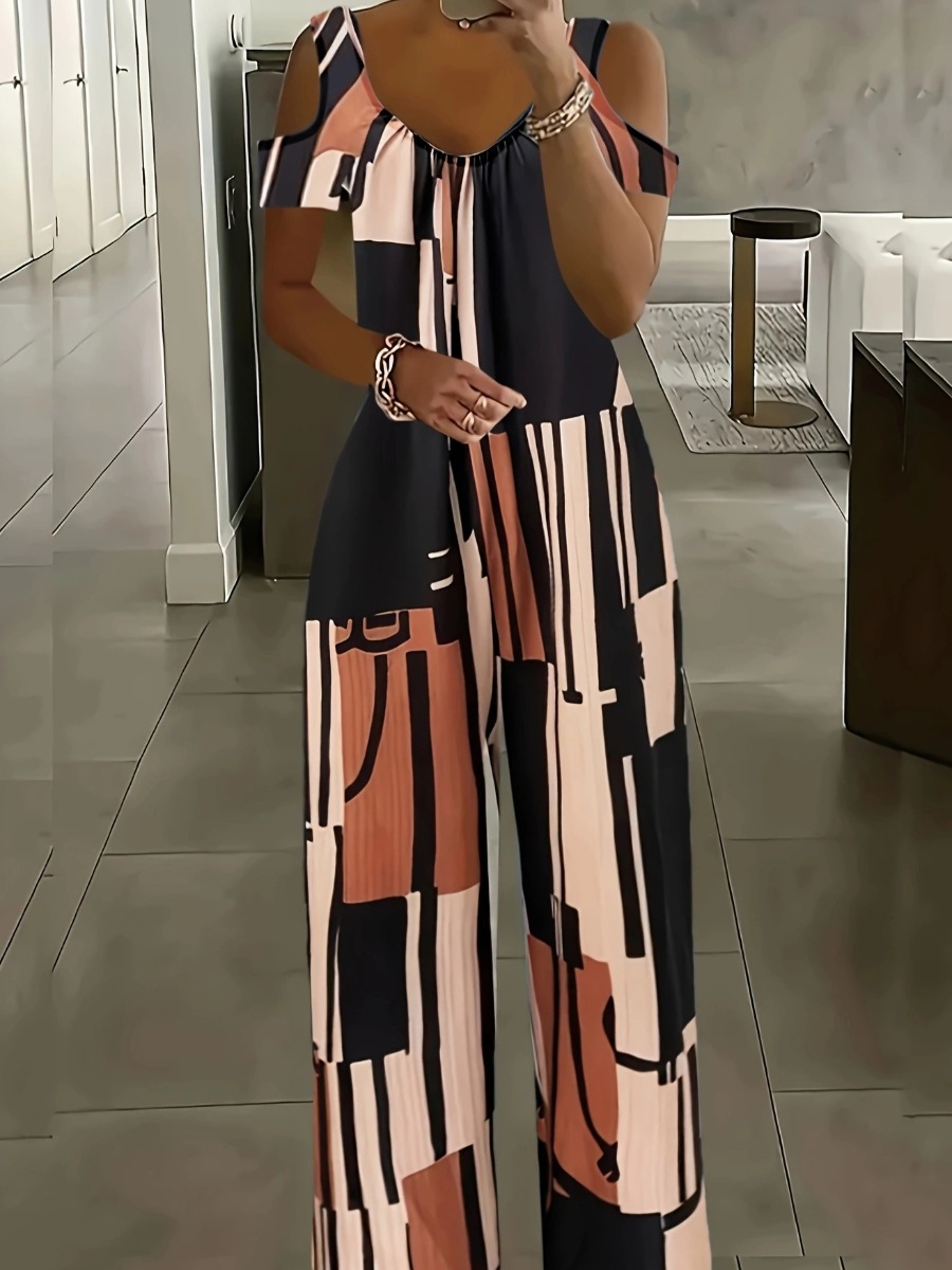 LW Plus Size Geometric Print Cut Out Wide Leg Jumpsuit