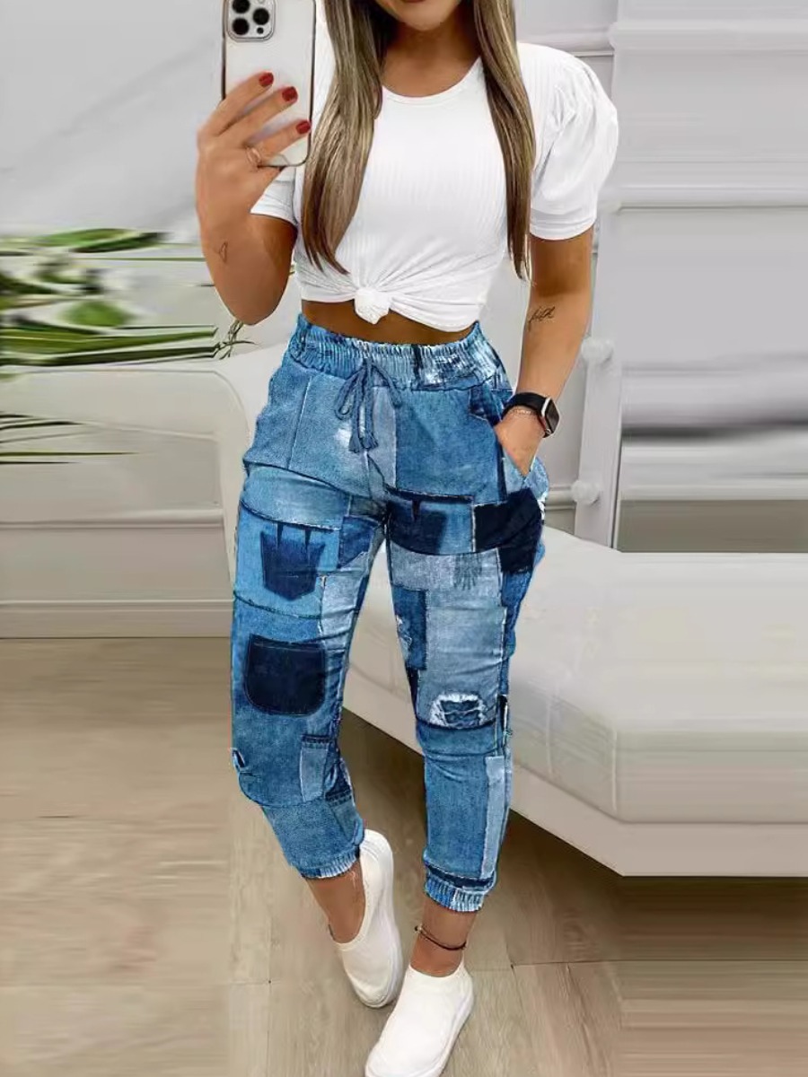 LW Plus Size Puff Sleeve Imitation Denim Drawstrin