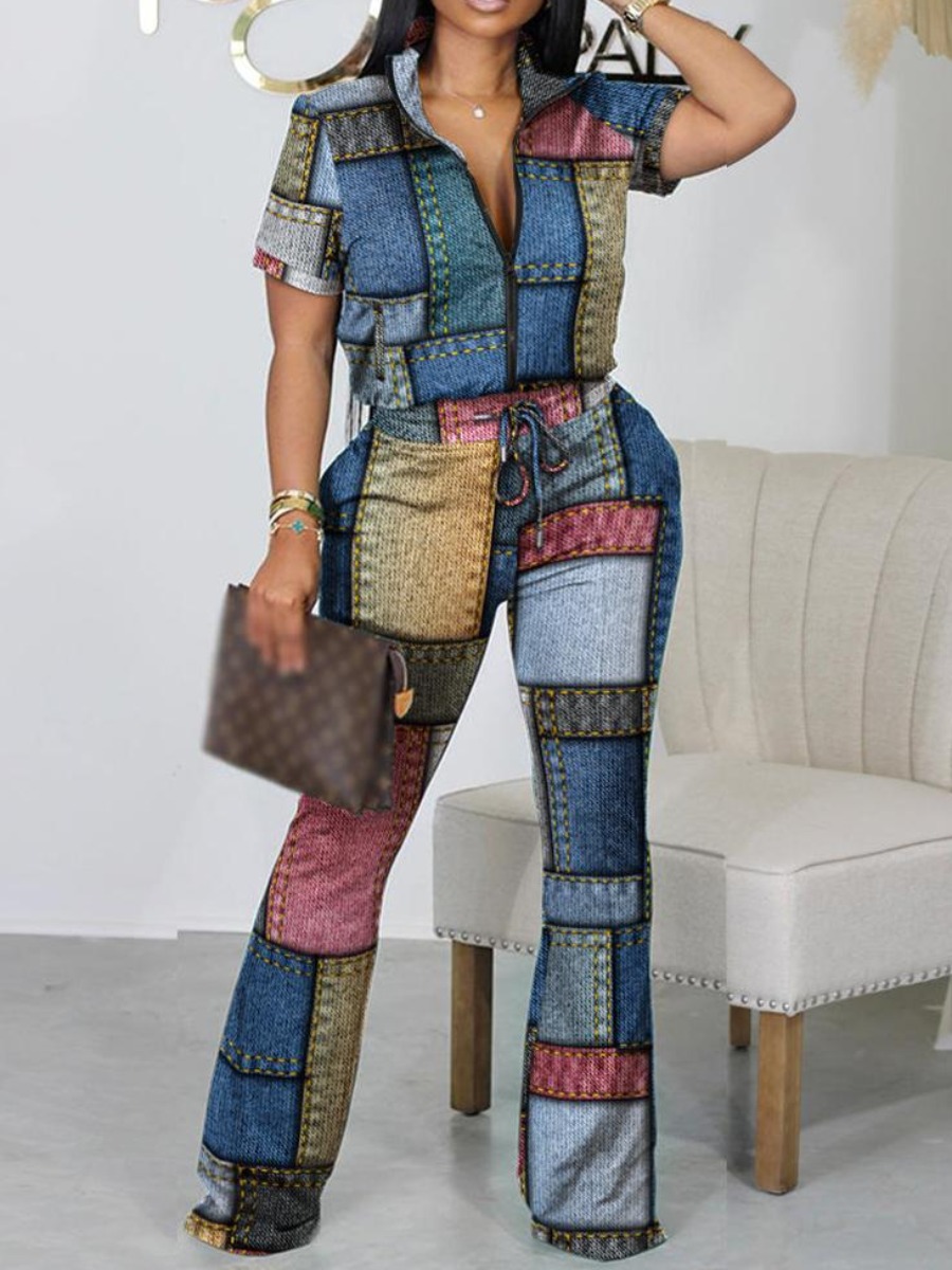 LW Imitation Denim Patchwork Drawstring Flared Pants Set