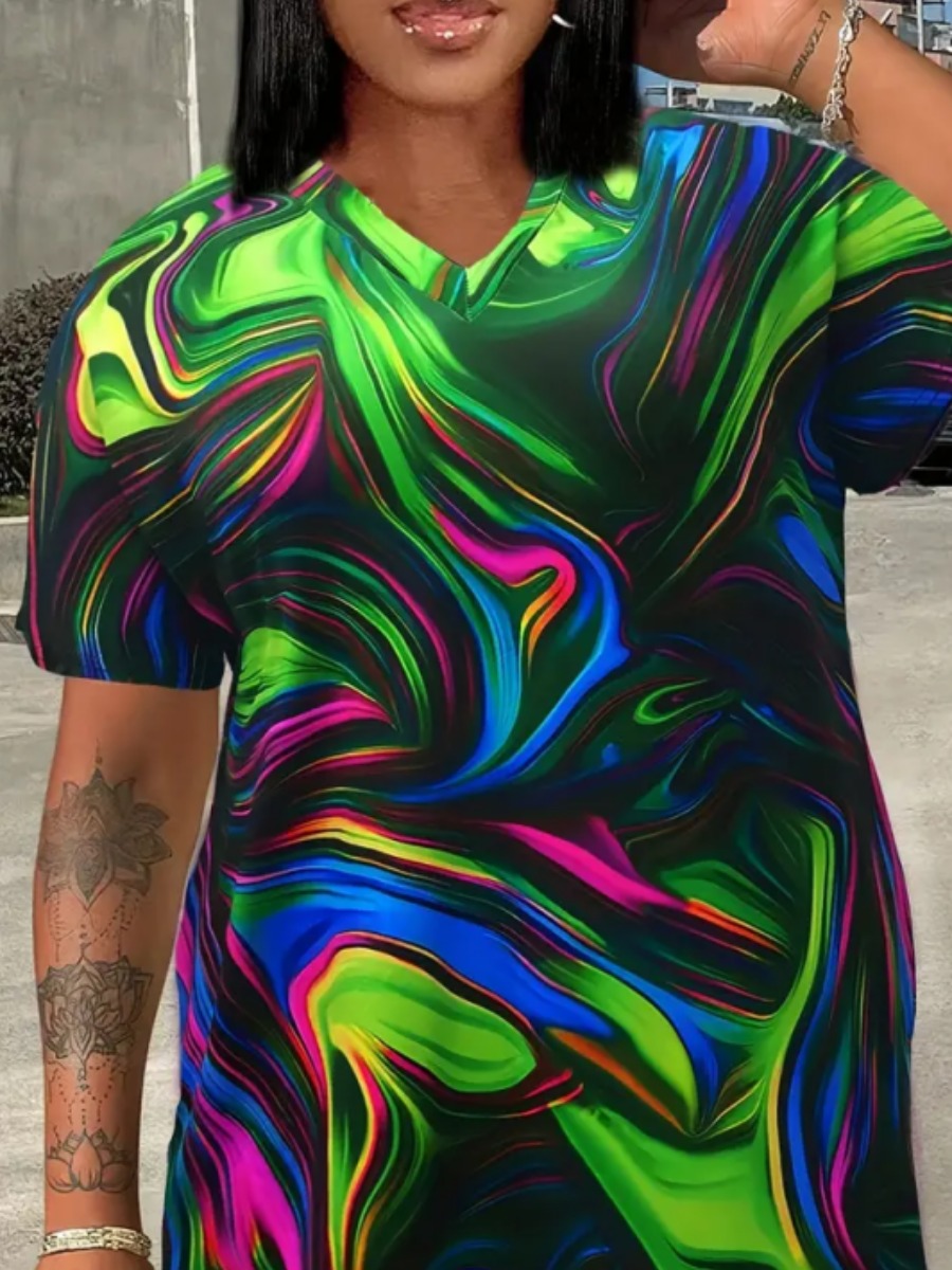 LW Plus Size V Neck Mixed Print Pocket Design Dress