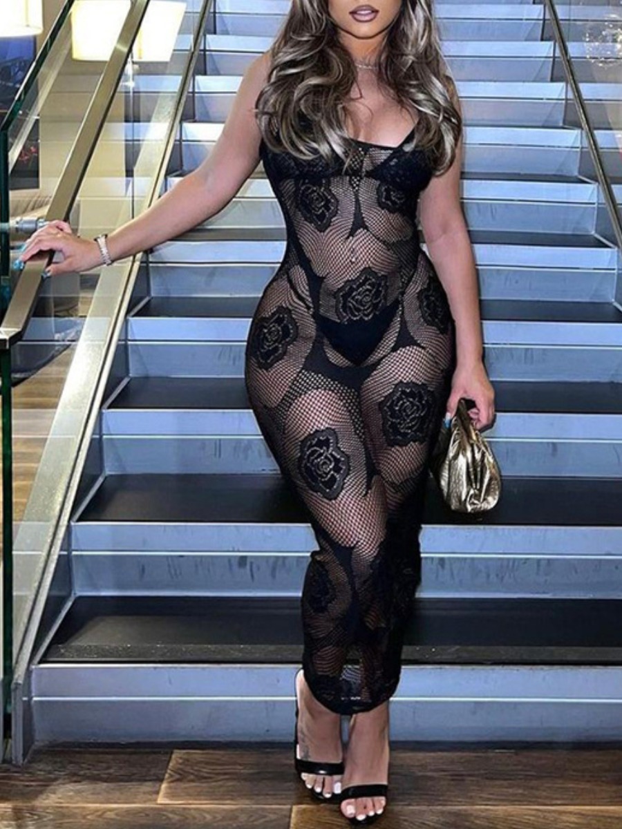 LW SXY See Through Large Floral Midi Dress