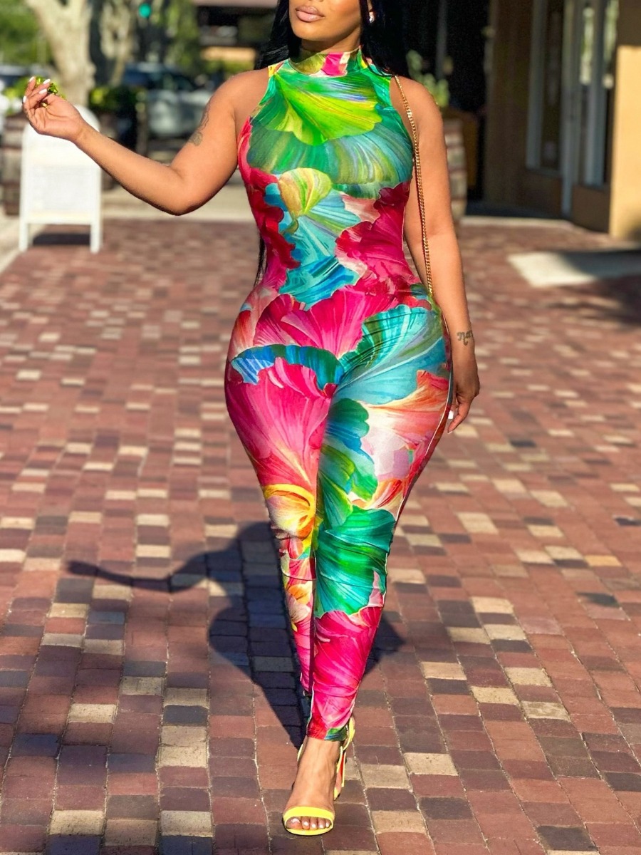 LW Plus Size Turtleneck Floral Mixed Print Jumpsuit