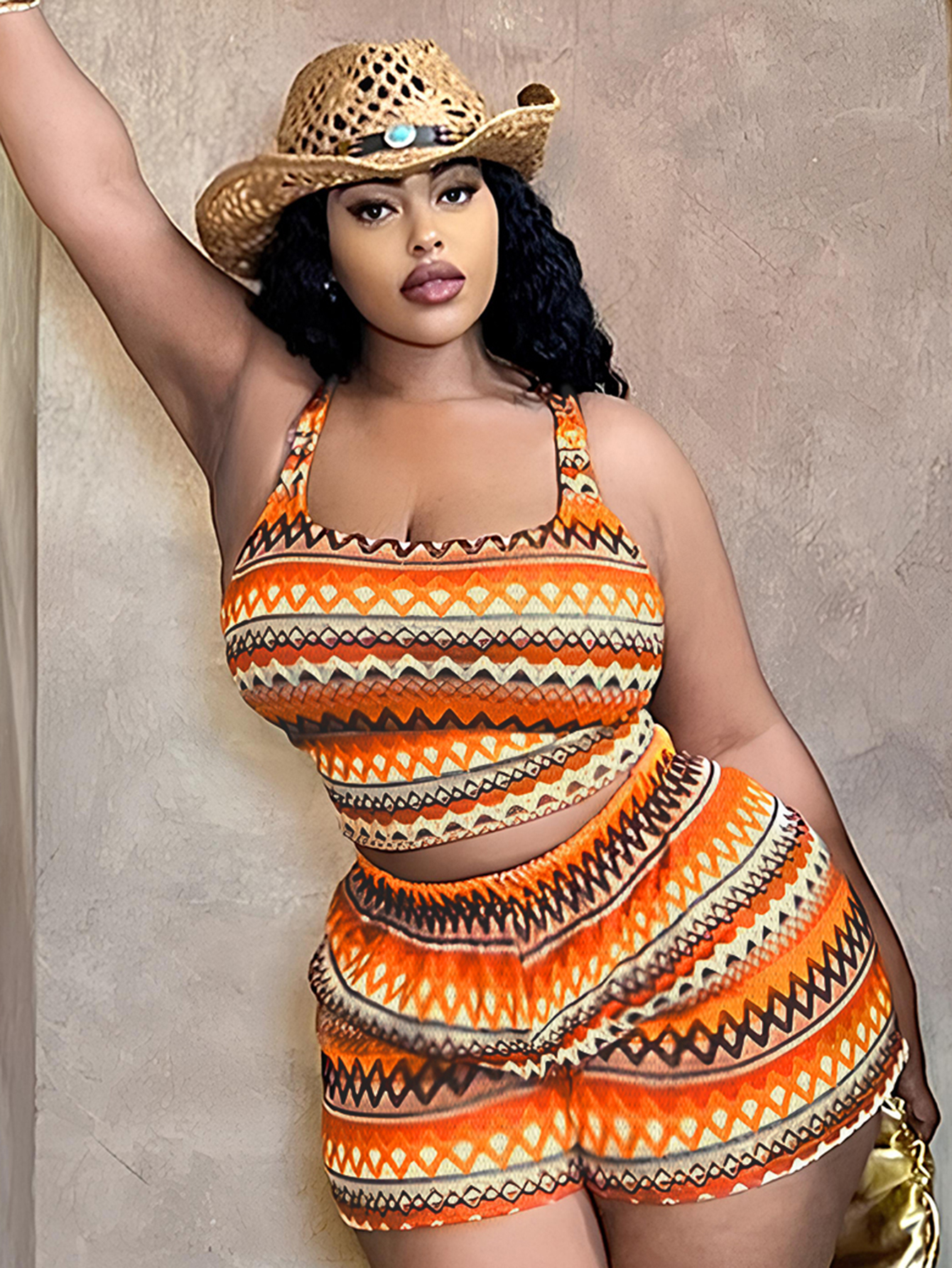 LW BASICS Plus Size Cami Geometric Print Knit Shorts Set