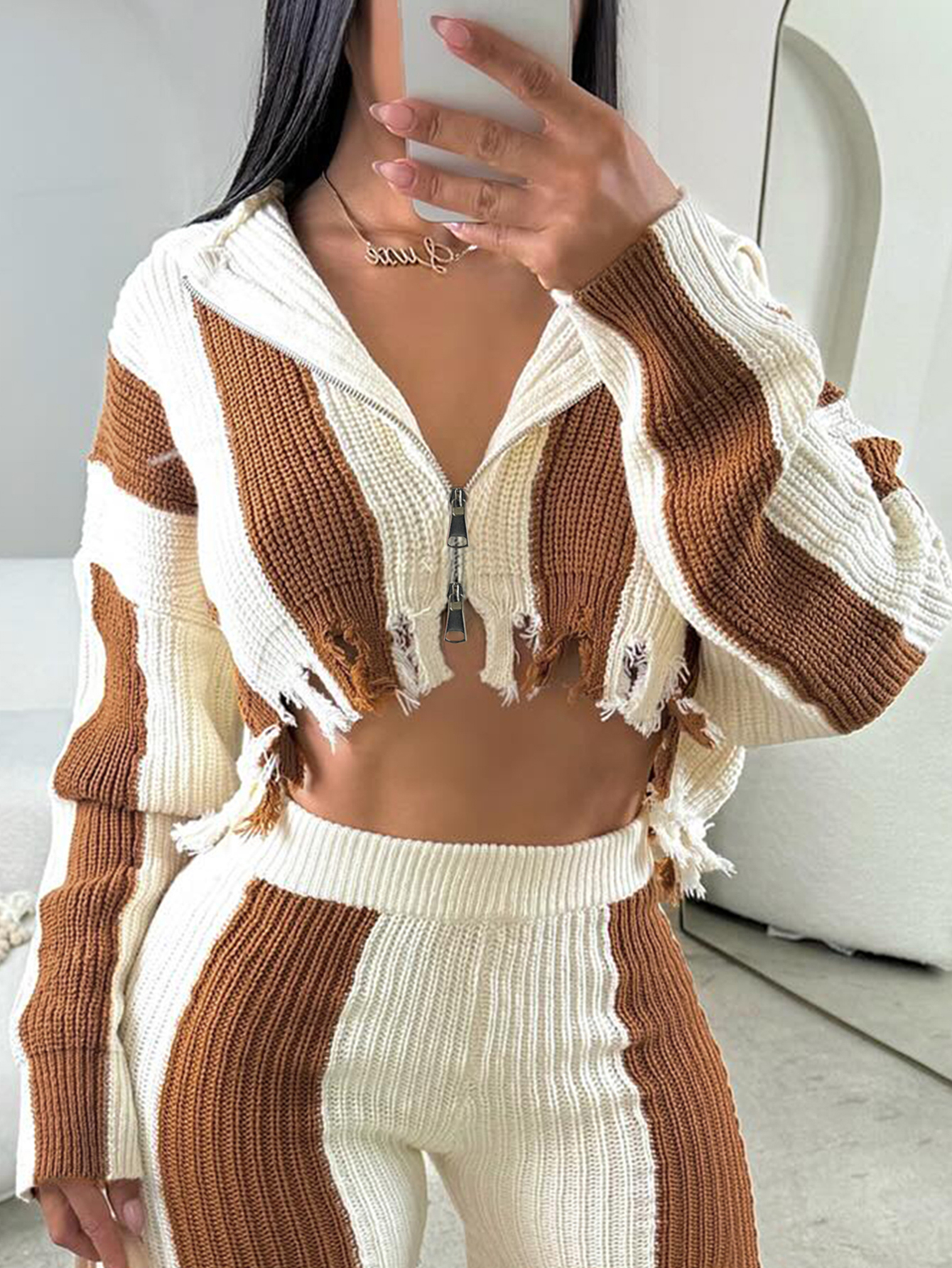 LW Crop Top Tassel Design Ripped Striped Sweater