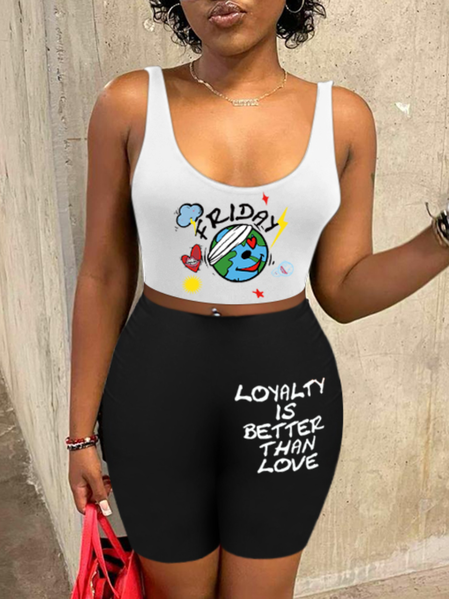 LW Cami Cartoon Letter Print Shorts Set