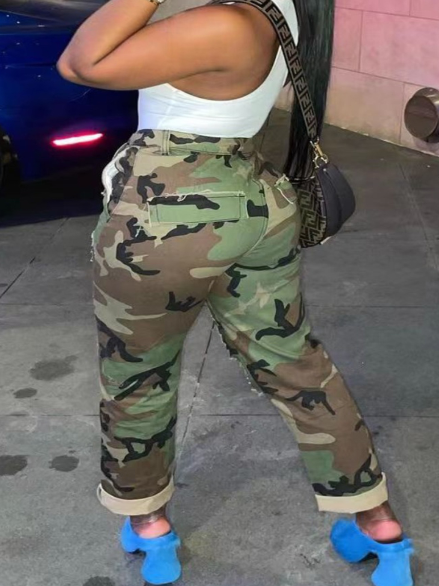 LW Plus Size Camo Print Ripped Drawstring Pants