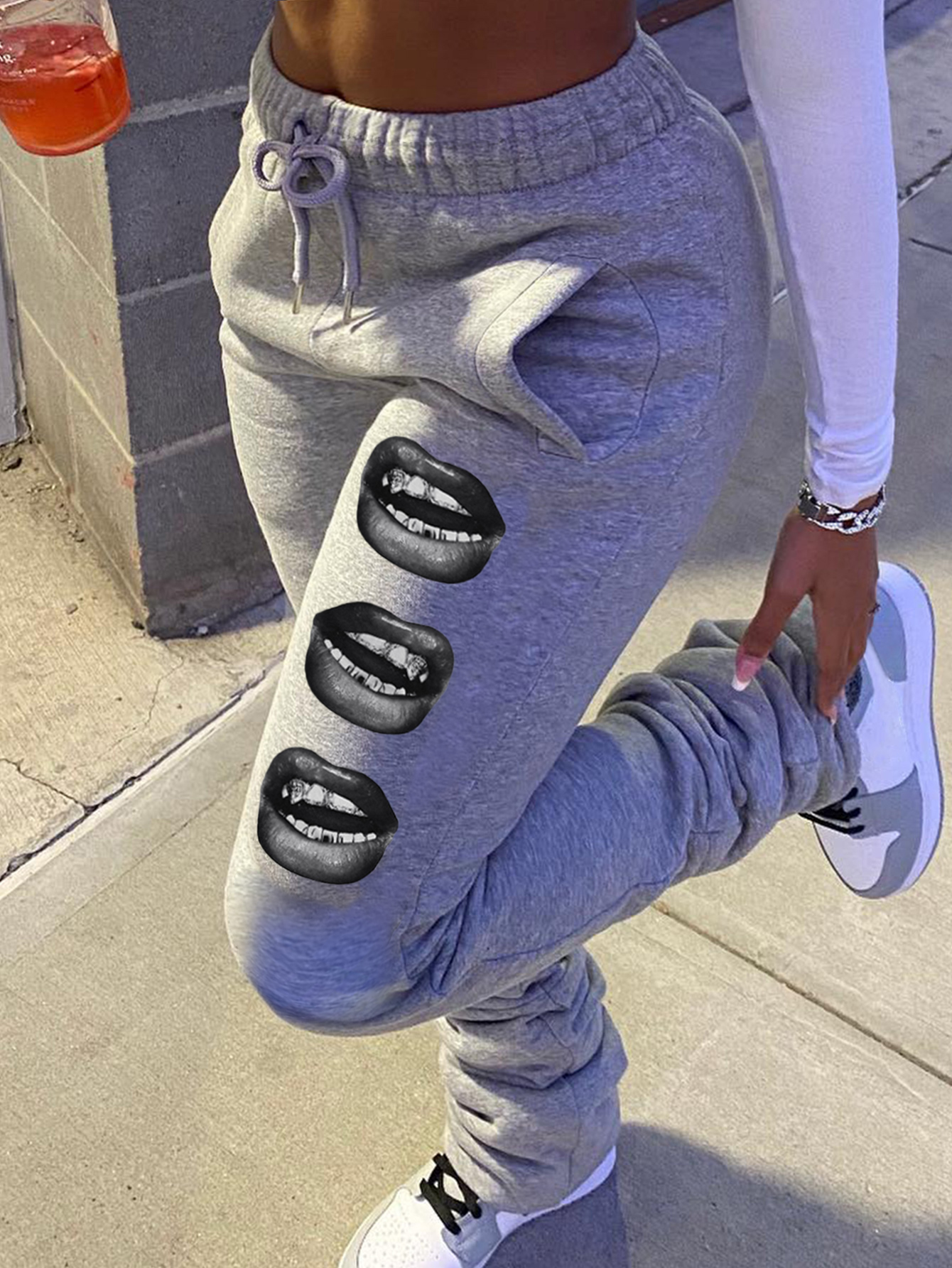 LW Plus Size Lip Print Drawstring Stacked Sweatpants 5X