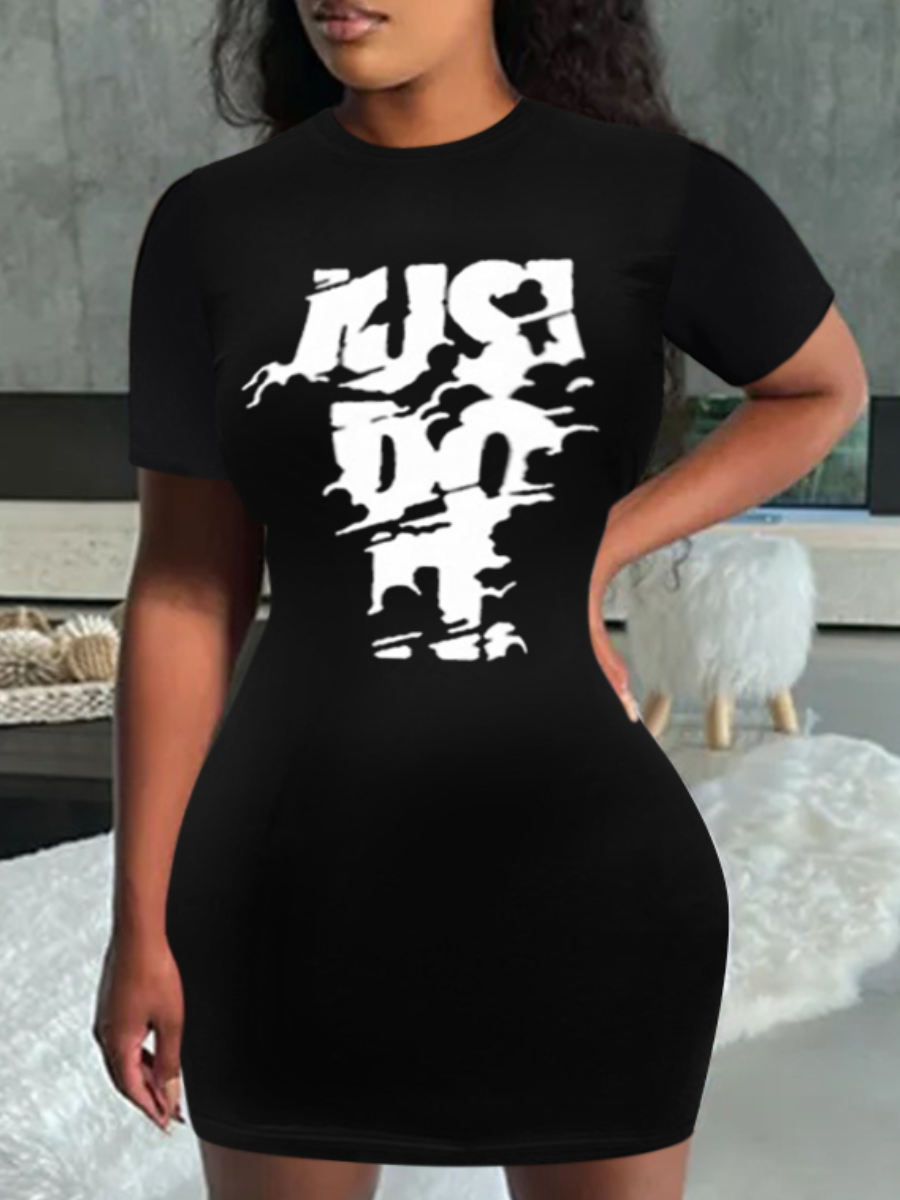 LW Round Neck Letter Print Bodycon Dress