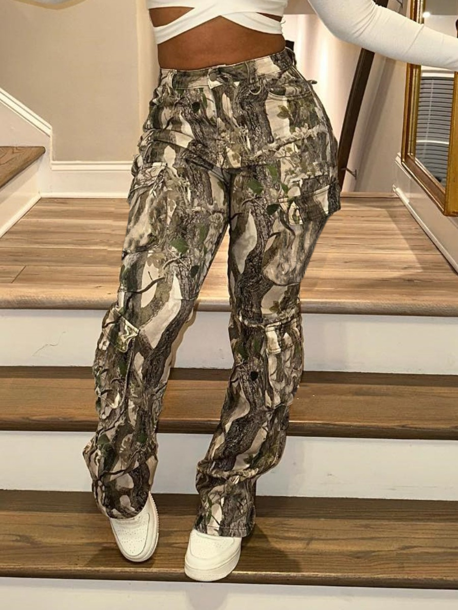 LW Plant Camo Print Side Pocket Cargo Pants