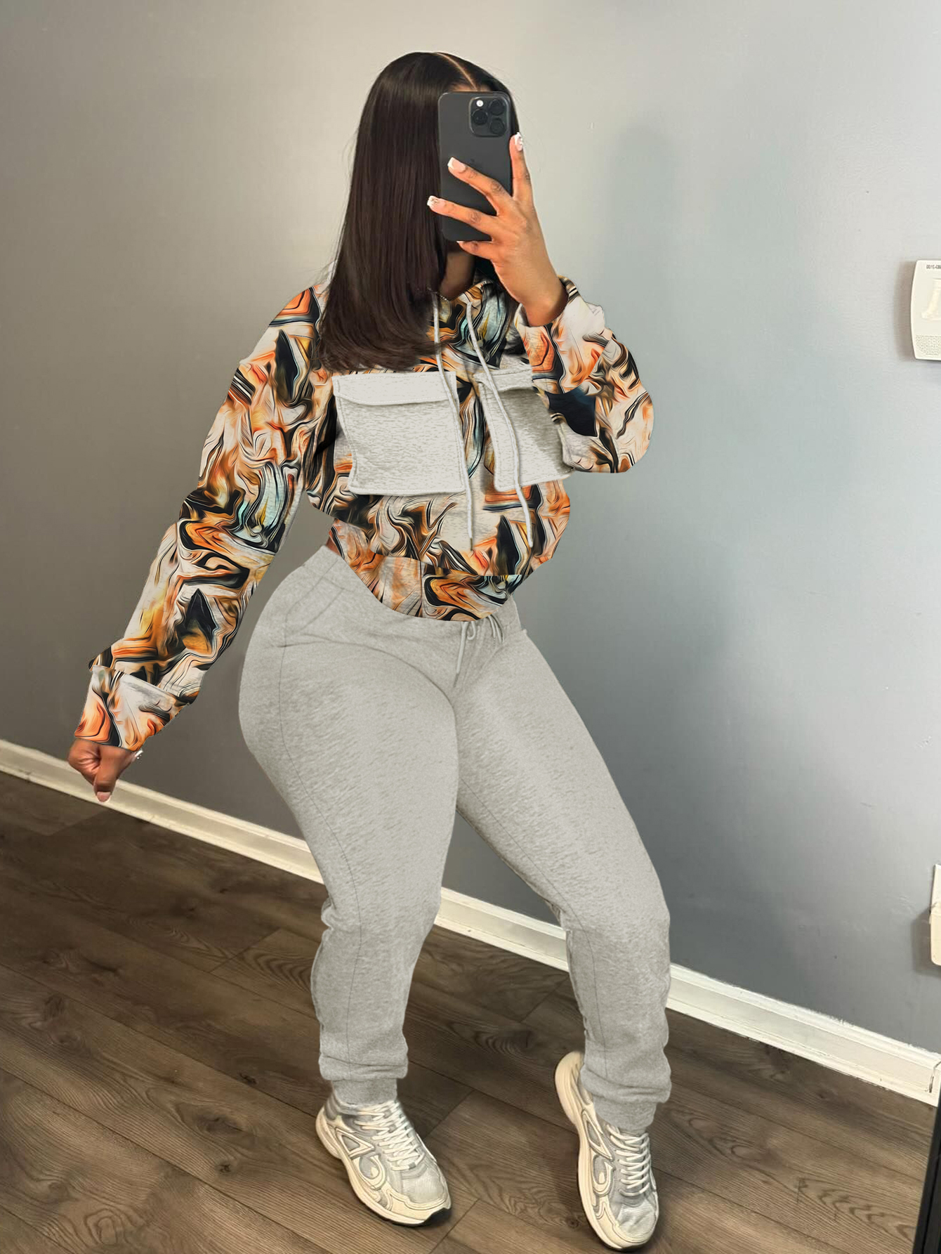LW Mixed Print Pocket Design Drawstring Pants Set