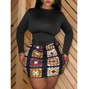LW Plus Size Round Neck Knit Color Lump Skirt Set