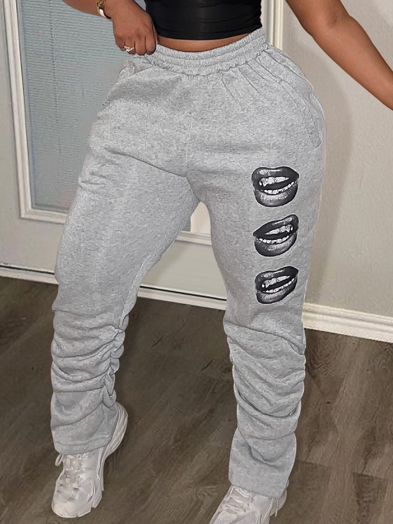 LW Plus Size Lip Print Drawstring Stacked Sweatpants 5X