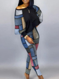 LW Plus Size Round Neck Color Lump Patchwork Pants Set