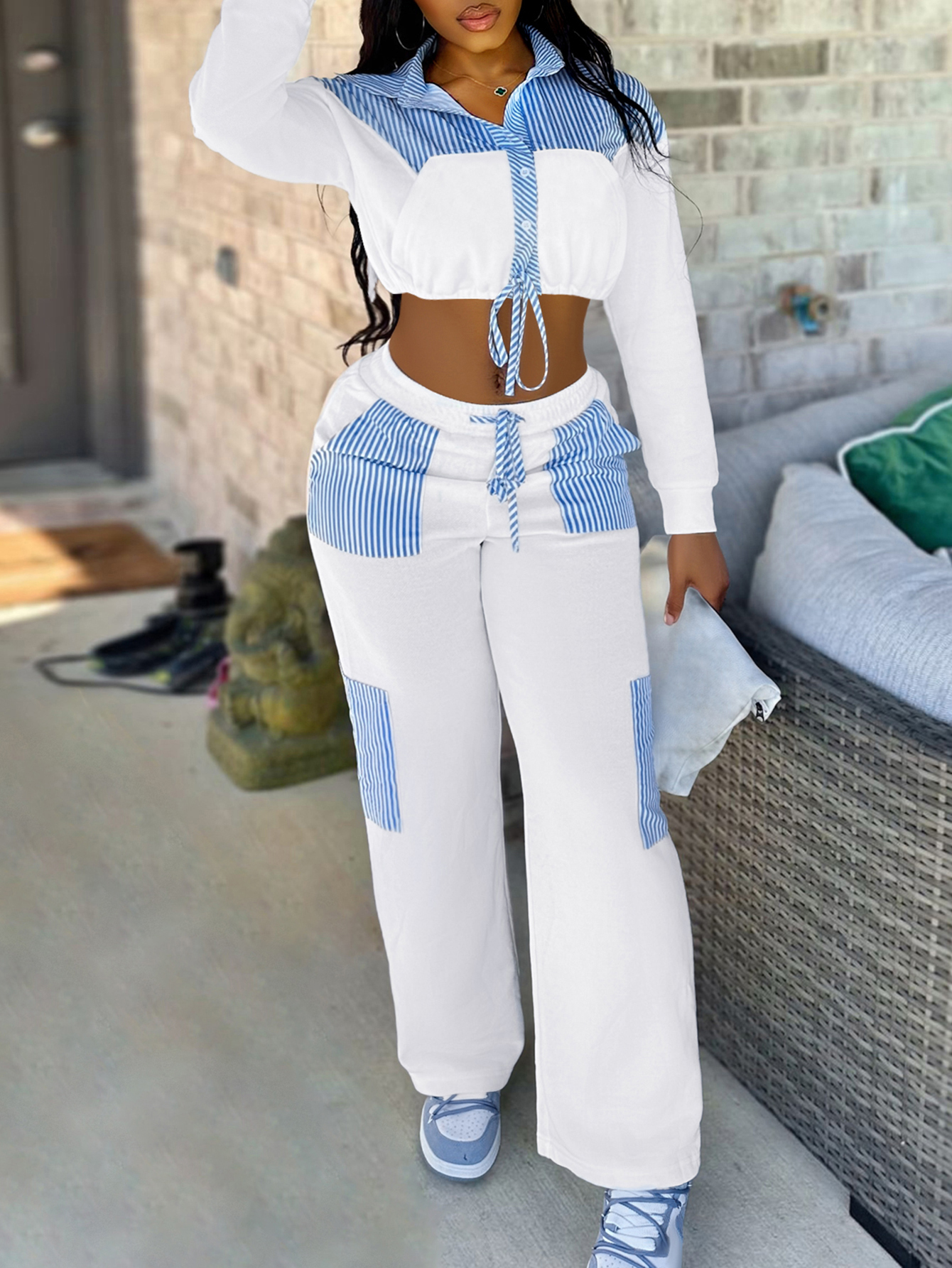 LW BASICS Crop Top Striped Drawstring Pants Set