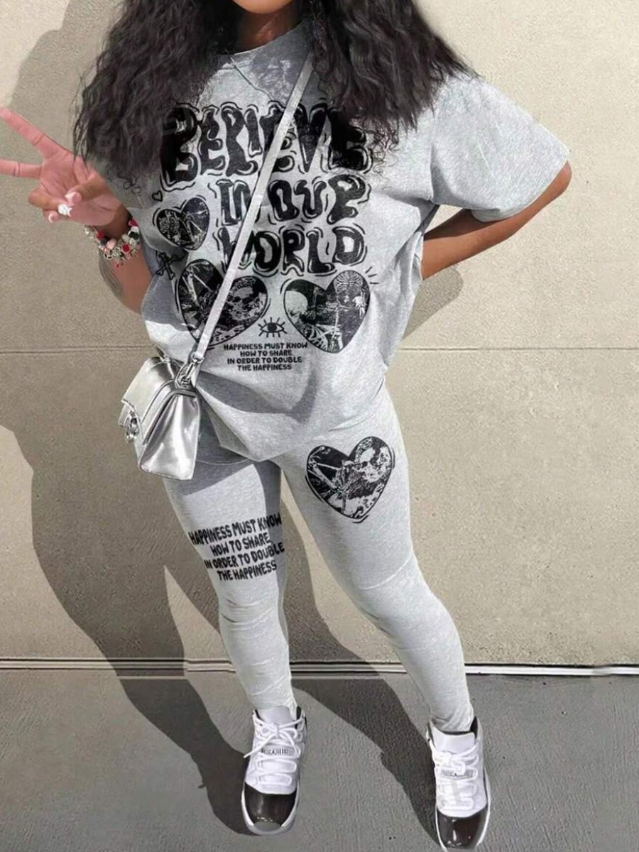 LW Pattern Letter Cartoon Print Two-piece Pants Set