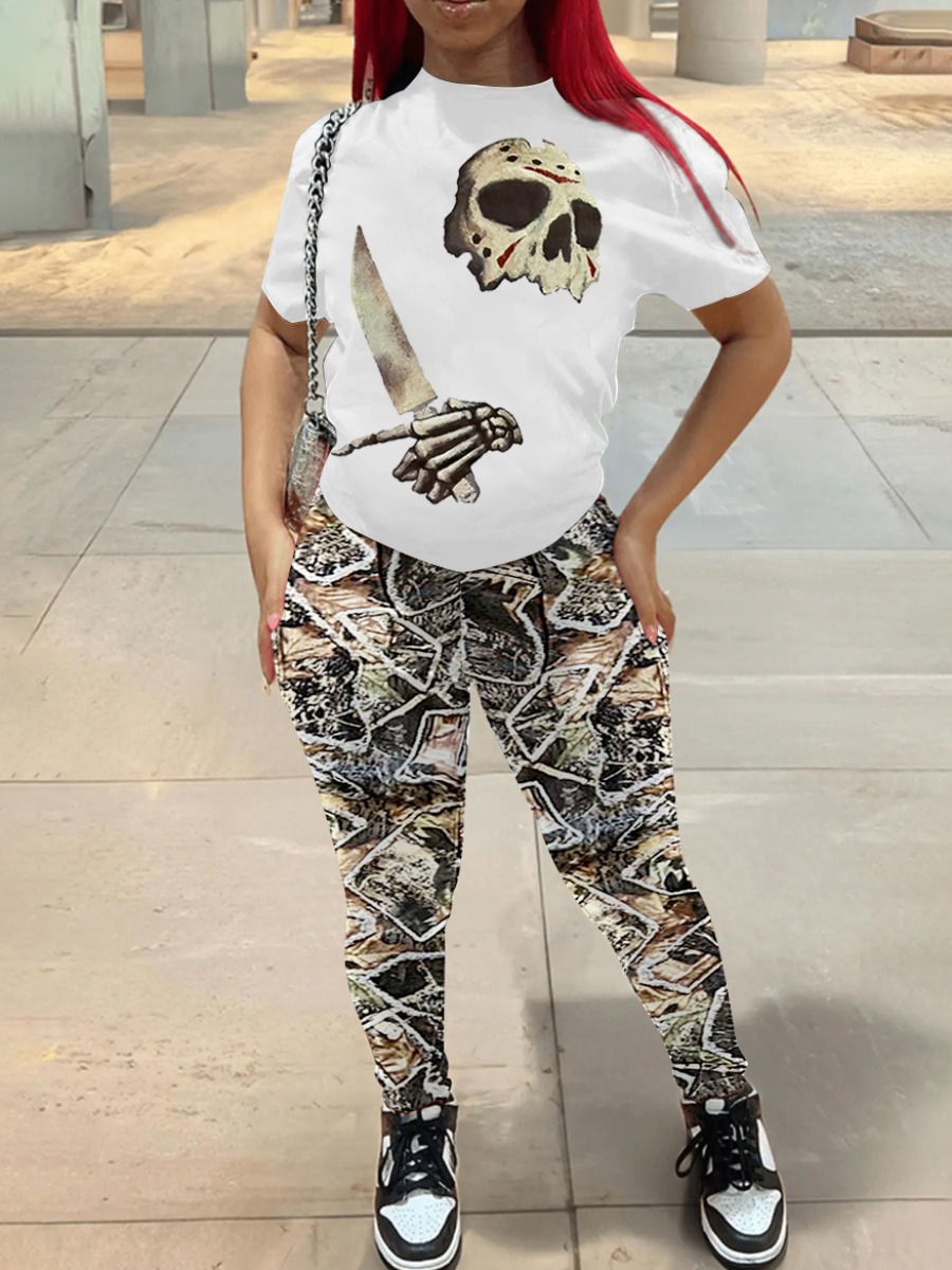 LW Pattern Skull Head Print Two-piece Pants Set