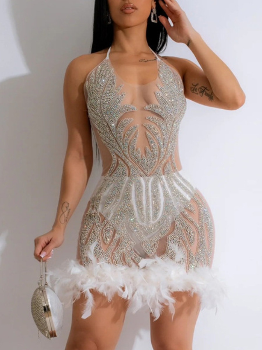 LW Feathers Hot Drilling Solid Color Prom Dress