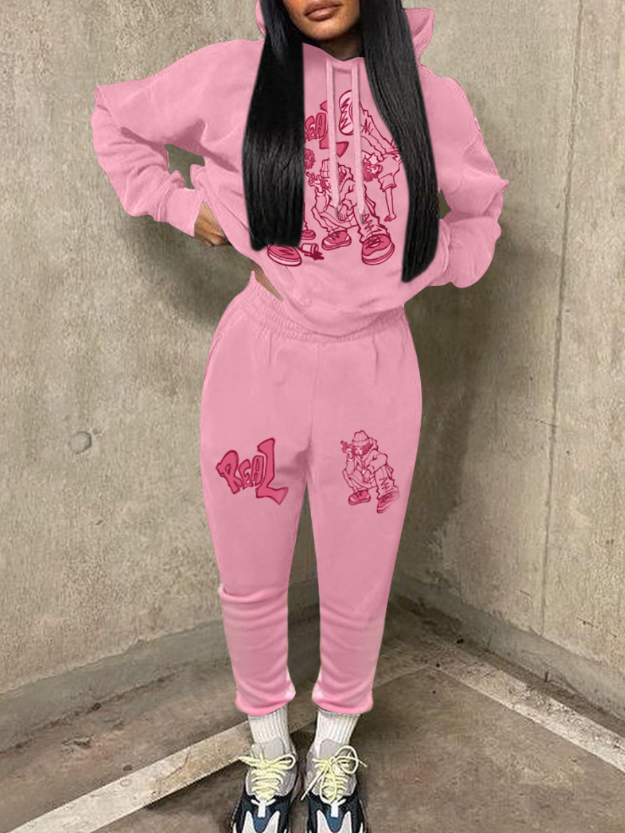 LW Pattern Cartoon Print Two-piece Pants Set