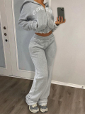 LW BASICS Letter Print Kangaroo Pocket Tracksuit Set