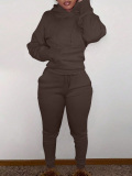 LW Casual Sweat Hooded Collar Lace Up Solid Color Long Sleeve Two-piece Pants Set