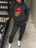 LW Street Polyester Hooded Collar Pattern Lip Print Long Sleeve Two-piece Pants Set