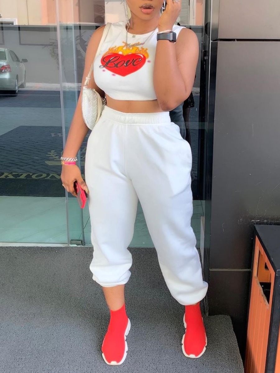 LW Casual Polyester Round Neck Pattern Cartoon Print Sleeveless Two-piece Pants Set