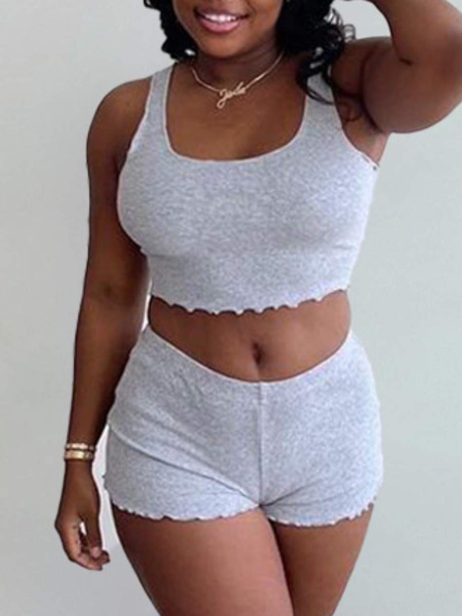 LW BASICS Casual Polyester U Neck Solid Color Sleeveless Two-piece Shorts Set