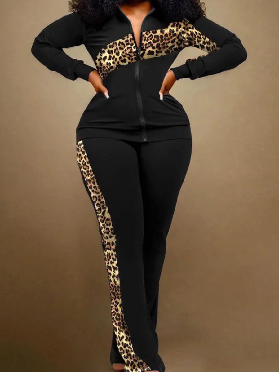 LW Plus Size Patchwork Leopard Print Color Contrast Two-piece Pants Set