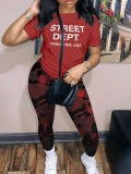 LW Street Polyester Round Neck Pattern Camo Letter Print Short Sleeve Two-piece Pants Set