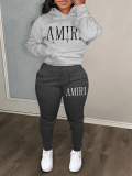 LW Casual Sweat Hooded Collar Pattern Letter Long Sleeve Two-piece Pants Set