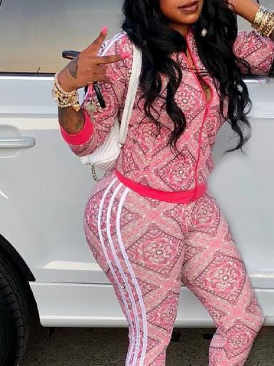 LW Casual Polyester Turndown Collar Pattern Tribal Long Sleeve Two-piece Pants Set