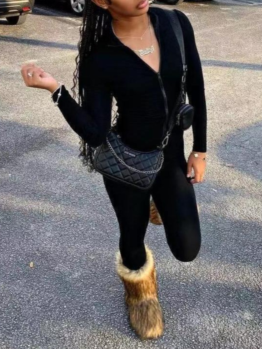 LW BASICS Casual Polyester Turndown Collar Zipper Design Solid Color Long Sleeve Two-piece Pants Set