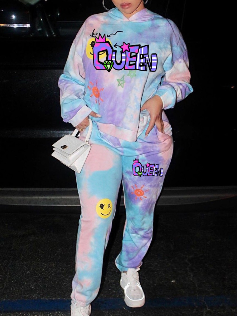 LW Casual Polyester Hooded Collar Pattern Tie Dye Long Sleeve Two-piece Pants Set