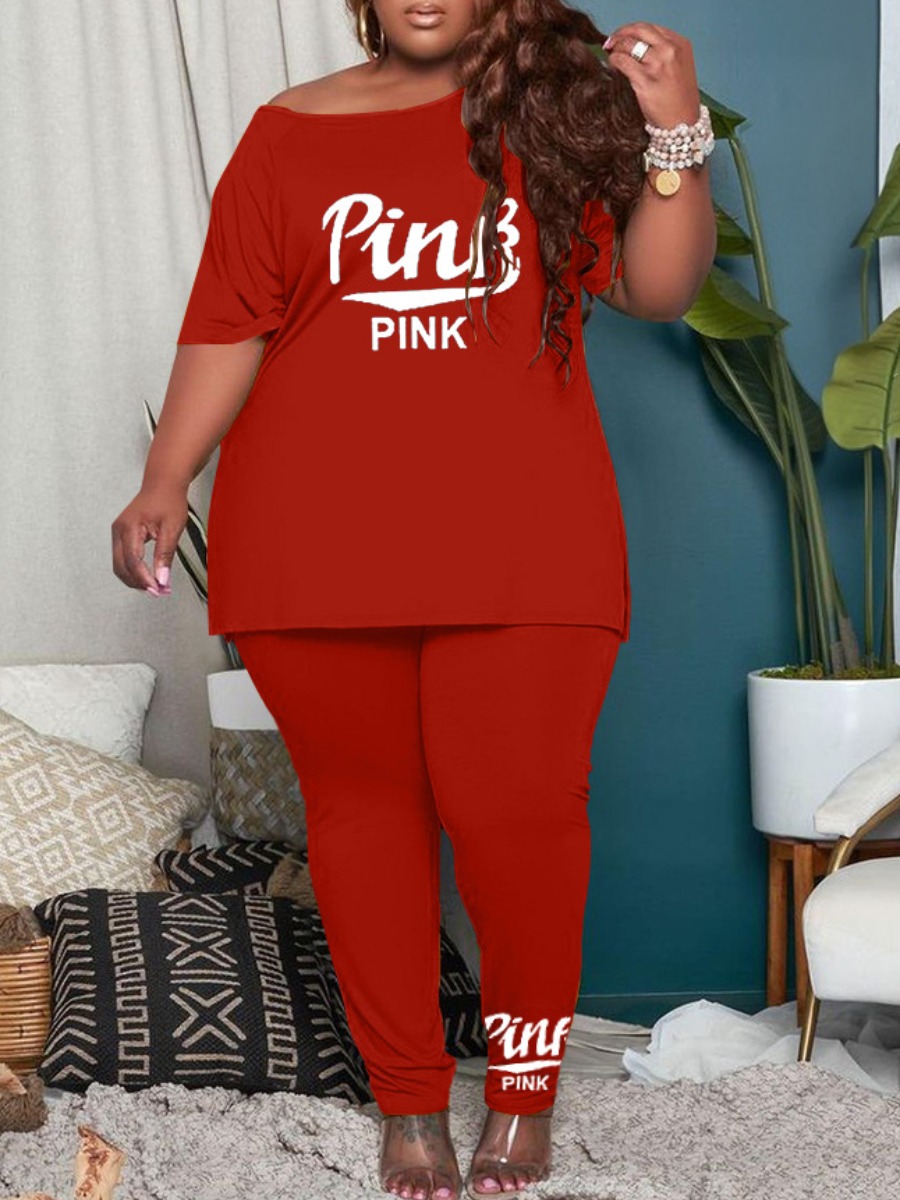 LW Plus Size Pattern Letter Print Two-piece Pants Set