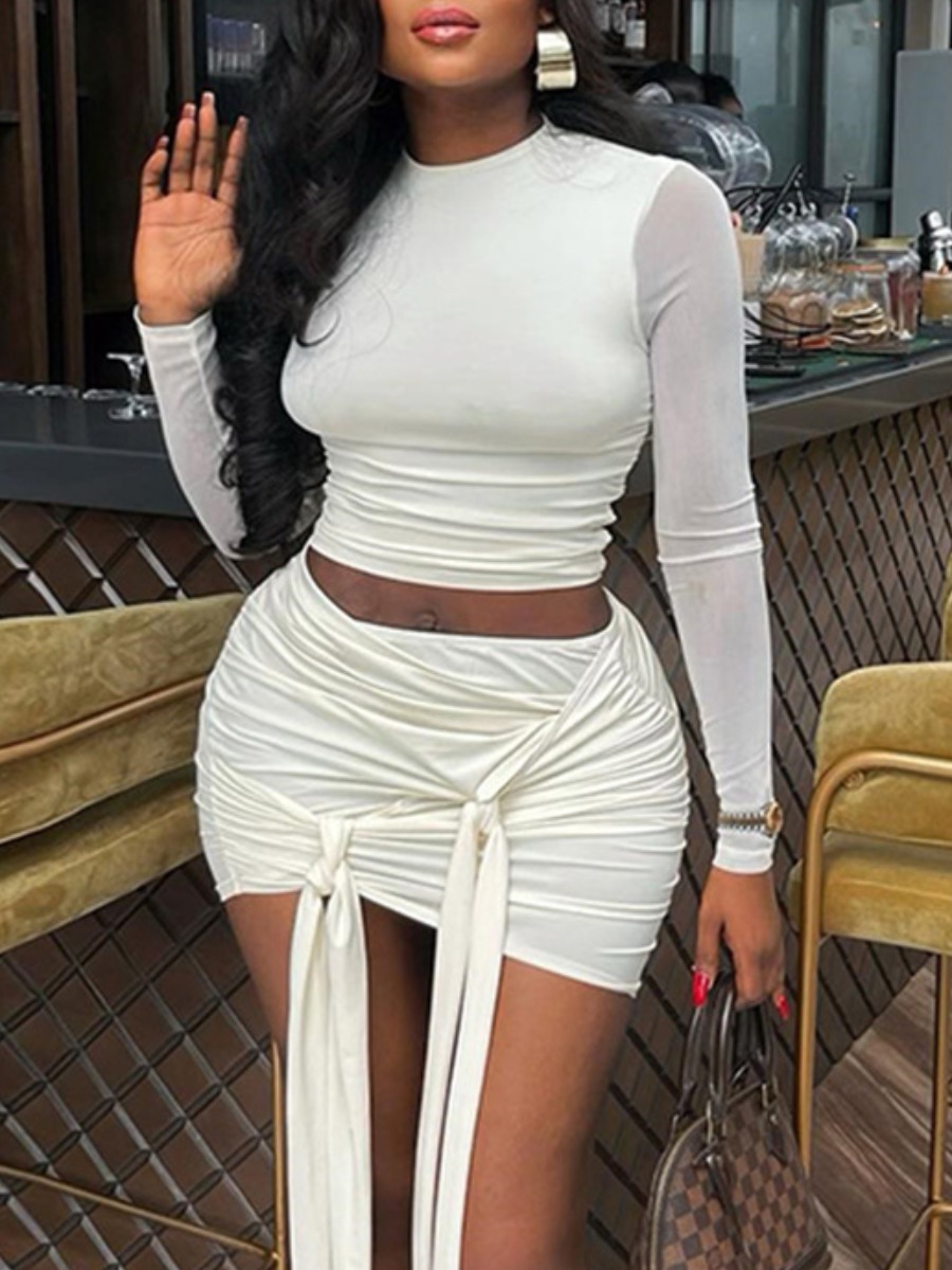 LW Casual Polyester Round Neck Bandage Design Solid Color Long Sleeve Two-piece Skirt Set