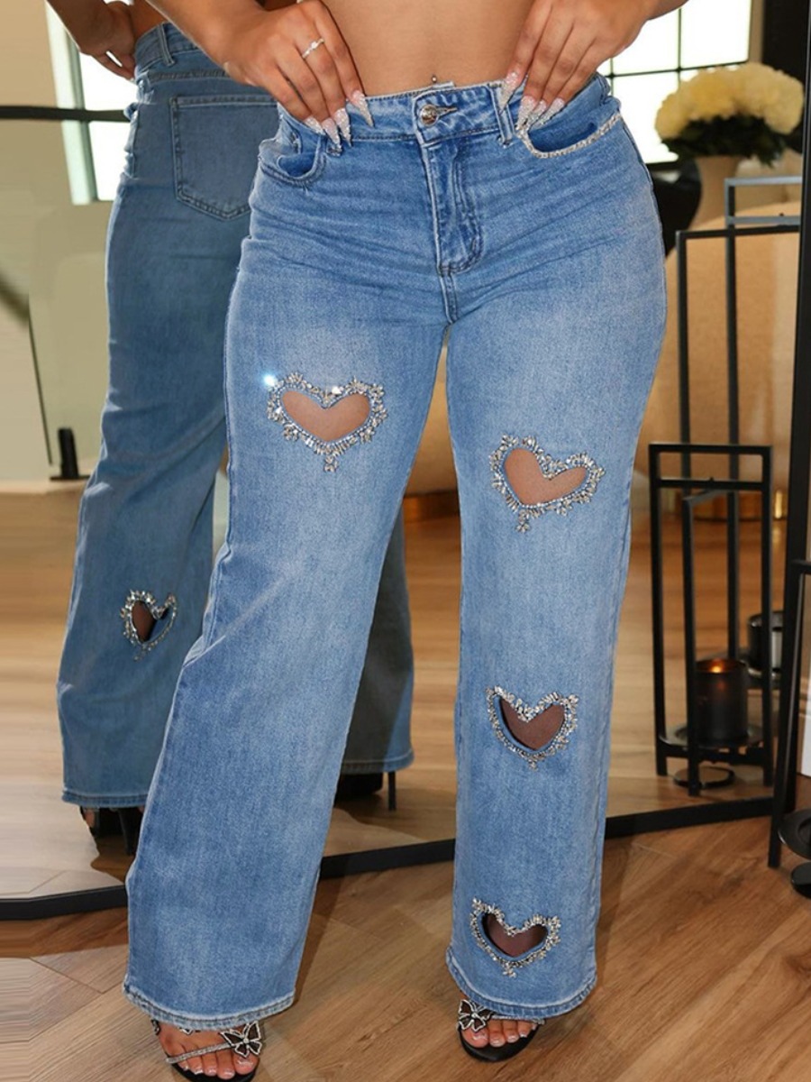 LW COTTON Rhinestone Heart Micro Elasticity Jeans